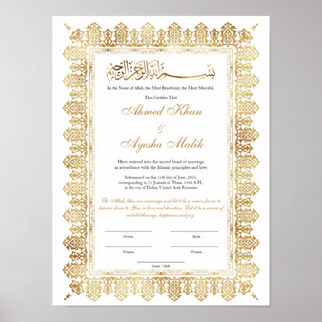 Gold Nikkah Certificate for Muslim Islamic Wedding Poster (Framsidan)