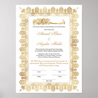 Gold Nikkah Certificate for Muslim Islamic Wedding Poster
