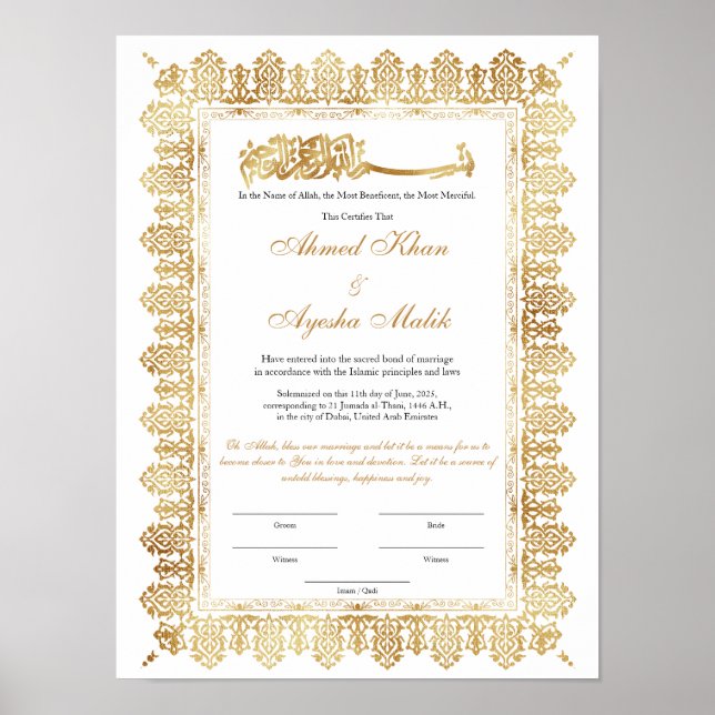 Gold Nikkah Certificate for Muslim Islamic Wedding Poster (Framsidan)