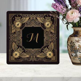 Gold Owl Compass Monogram Art Deco Ceramic Tile Kakelplatta
