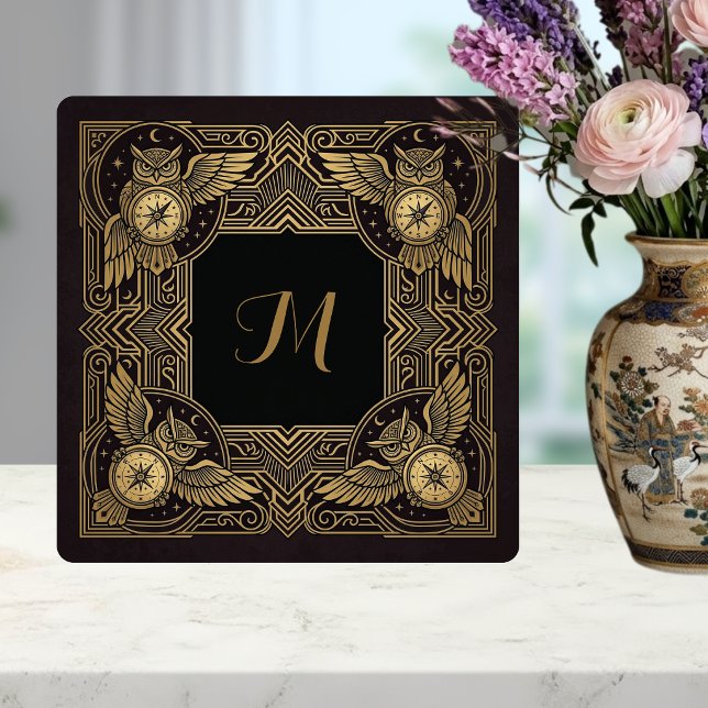 Gold Owl Compass Monogram Art Deco Ceramic Tile Kakelplatta (Skapare uppladdad)