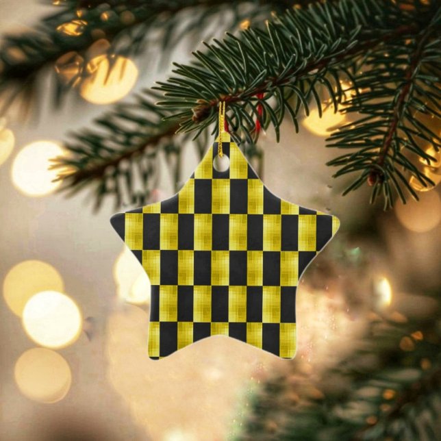 Gold-Paneled-Black-IV Julgransprydnad Keramik (Check out this Gold-Paneled Black-IV Ceramic Ornament with its checkerboard design!)