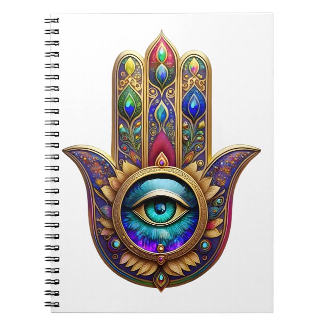 Gold Peacock Colors Hamsa Green Sapphire Third Eye Anteckningsbok (Framsidan)