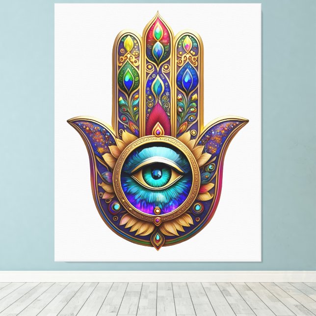 Gold Peacock Colors Hamsa Green Sapphire Third Eye Canvastryck (Insitu (trägolv))