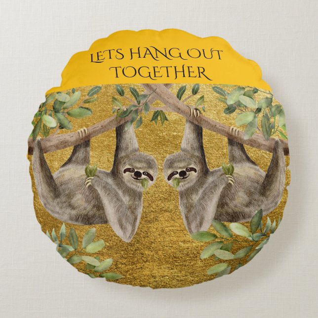 Gold Pillow - Sloth Design - round cushion  Rund Kudde (Framsidan)