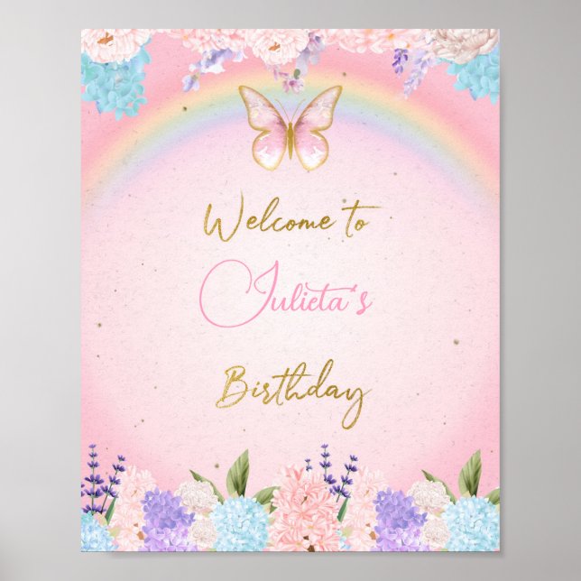 Gold Pink Butterfly Birthday Welcome Sign Poster (Framsidan)