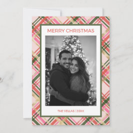 Gold & pink Christmas plaid flat Holiday Card Julkort