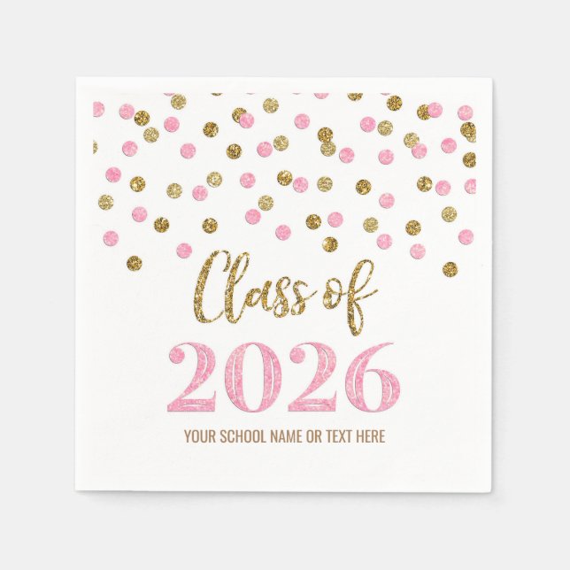 Gold Pink Confetti Class of 2026 Napkins Pappersservett (Framsidan)