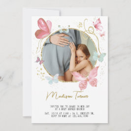 Gold Pink Floral Butterfly Baby Shower Photo  Inbjudningar