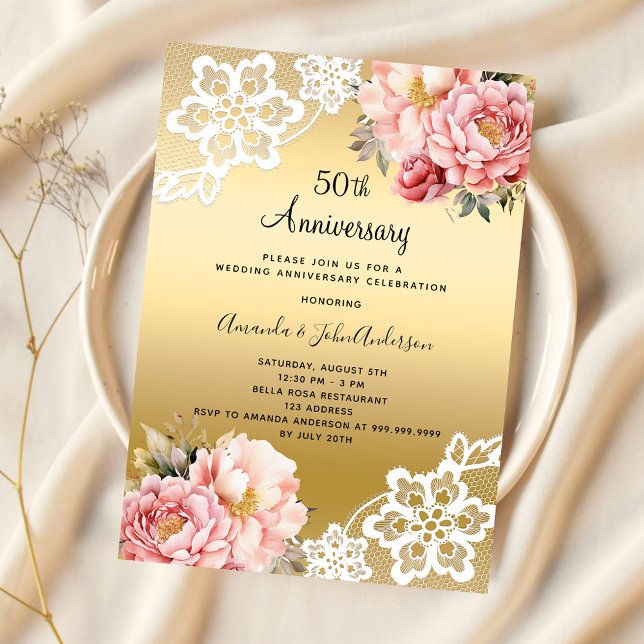 Gold pink florals 50th wedding anniversary inbjudningar (Skapare uppladdad)