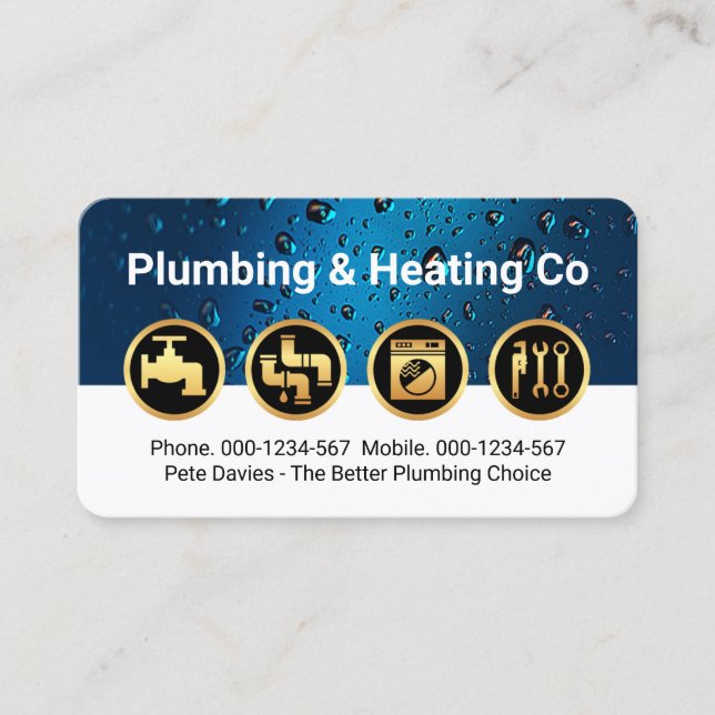 Gold Plumbing Icons on Waterdrop Layer Visitkort (Framsida)