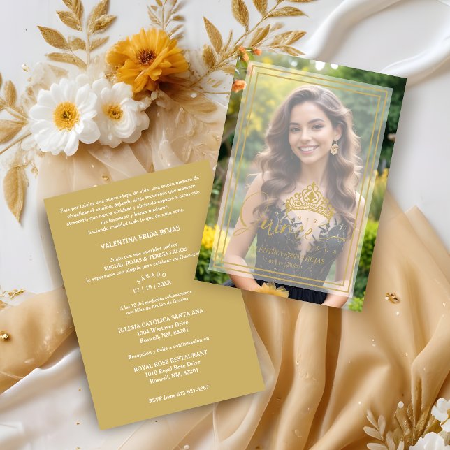 Gold Princess Tiara Exquisite Overlay Vellum XV Inbjudningar (Faux Gold Princess Tiara Exquisite Overlay Vellum Effect Quinceañera Sophisticated Photo Invitation.)