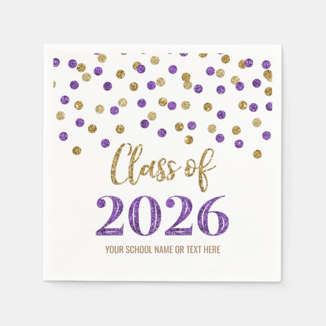 Gold Purple Confetti Class of 2026 Napkins Pappersservett (Framsidan)