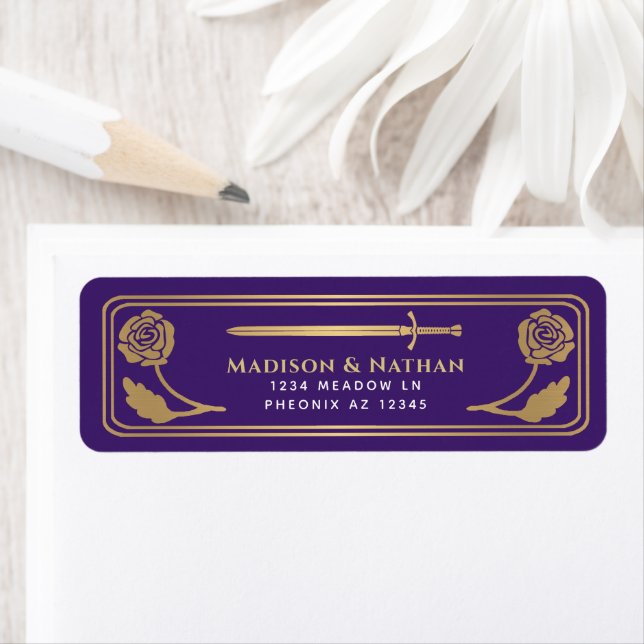 Gold Purple Medieval Fantasy Sword Wedding Label Returadress Etikett (Insitu)