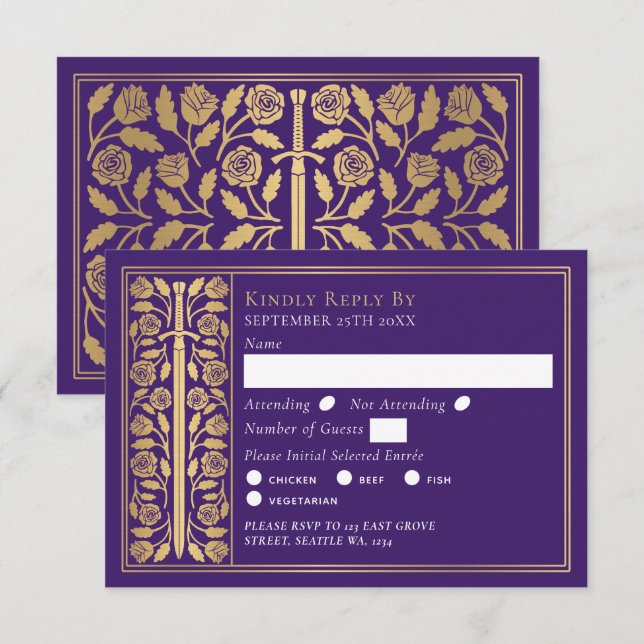 Gold Purple Medieval Sword Wedding RSVP OSA Kort (Fram/baksida)