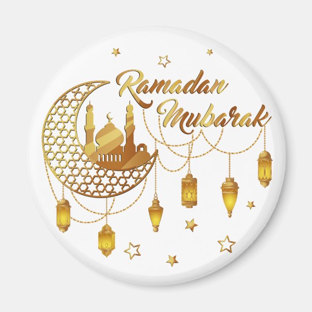 Gold Ramadan Mubarak Mosque & Lanterns Decorative Magnet (Framsidan)