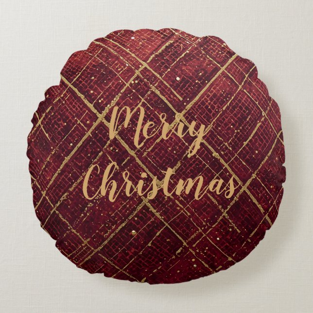 Gold Red Cross Pattern, Gold Merry Christmas Rund Kudde (Framsidan)
