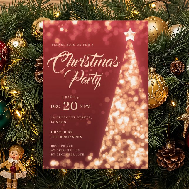 Gold Red Winter Christmas Tree Holiday Party Inbjudningar (Gold Winter Diamonds Glitter Christmas Party Invitation)