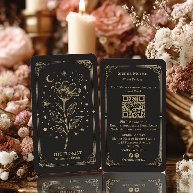 Gold Retro Celestial Tarot Florist QR Code Visitkort (Gold Retro Celestial Tarot Florist QR Code Business Card)