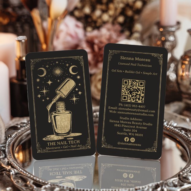 Gold Retro Celestial Tarot Nail artist QR Code Visitkort (Gold Retro Celestial Tarot Nail artist QR Code Business Card)