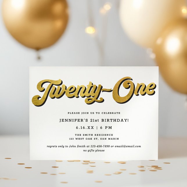 Gold Retro Script Black White 21st Birthday Party Inbjudningar (Skapare uppladdad)