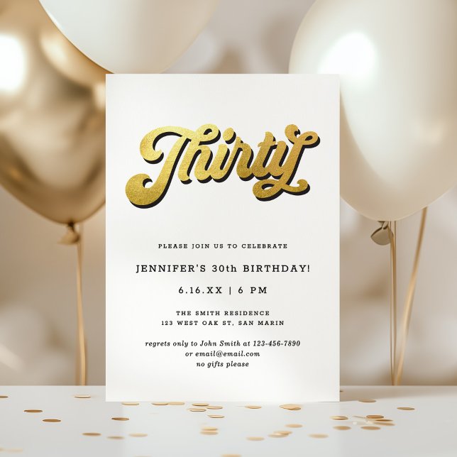 Gold Retro Script Black White 30th Birthday Party Inbjudningar (Skapare uppladdad)