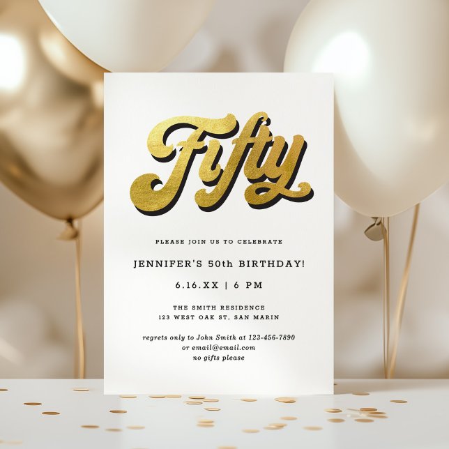Gold Retro Script Black White 50th Birthday Party Inbjudningar (Skapare uppladdad)