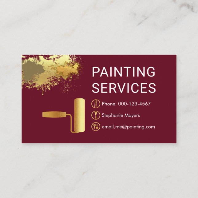 Gold Roller Brush On Paint Splatter Painter Visitkort (Framsida)