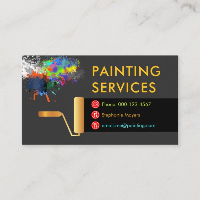 Gold Roller Brush Painting Paint Splatter Visitkort (Framsida)