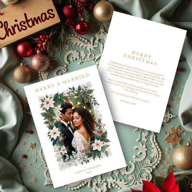 Gold Romantic Christmas Botanical Frame Photo Julkort (Gold Romantic Christmas Botanical Frame Holiday Cards with Photo for First Christmas.)