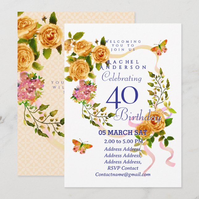 Gold Rose Ribbon 40th  Birthday Invitation Inbjudningar (Fram/baksida)