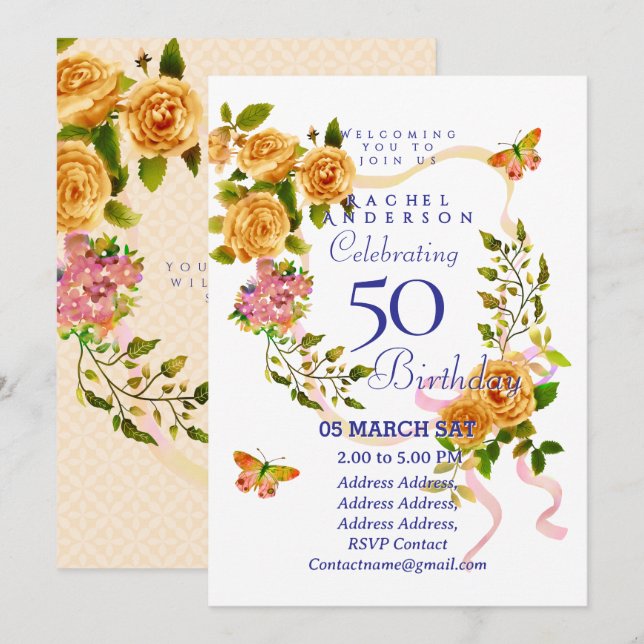 Gold Rose Ribbon 50th  Birthday Invitation Inbjudningar (Fram/baksida)