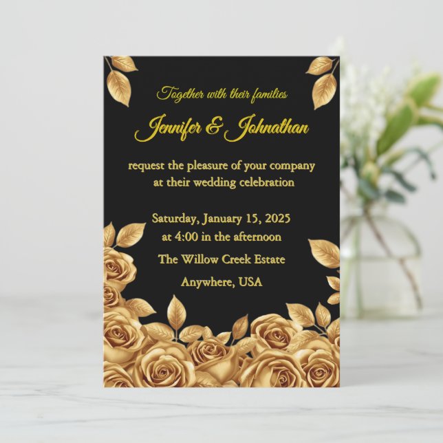 Gold Roses Custom Background Wedding Inbjudningar (Stående Fram)