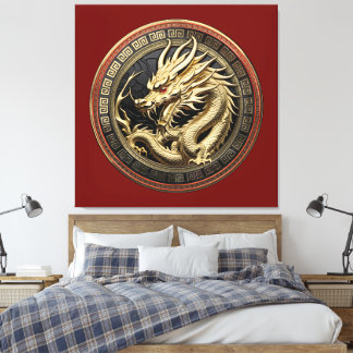 Gold Sacred Eastern Dragon Medallion Canvastryck