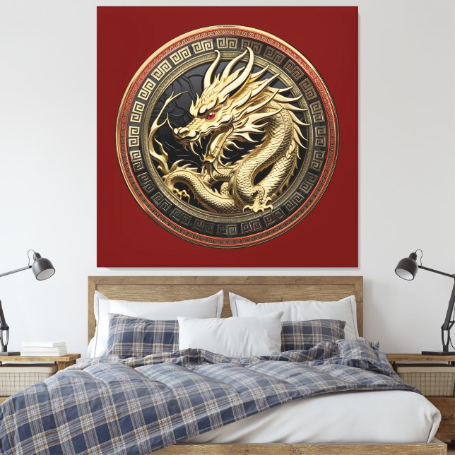 Gold Sacred Eastern Dragon Medallion Canvastryck (Insitu (sovrum))