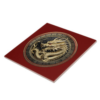 Gold Sacred Eastern Dragon Medallion Kakelplatta