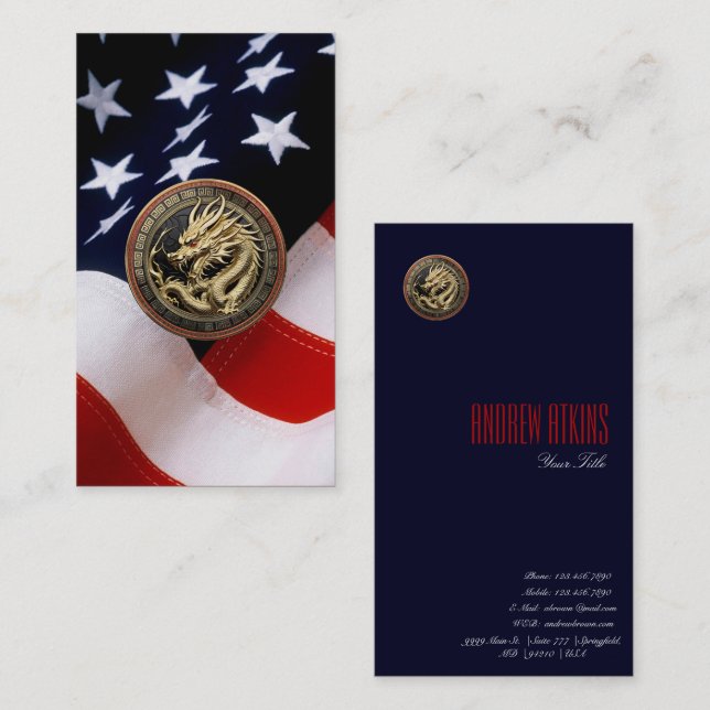 Gold Sacred Eastern Dragon Medallion on Red Velvet Visitkort (Fram/baksida)