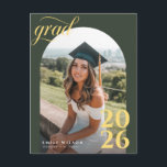 Gold Script Simple Arch Photo Graduation Thank You Vykort<br><div class="desc">Share a heartfelt thank you after graduation with this elegant photo thank you postcard featuring a bold arch portrait and graceful gold script. Designed for a high school class of celebration, this modern thank you layout keeps your graduate photo front and center in a simple yet stylish way. Personalize your...</div>