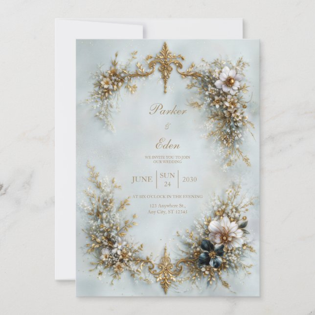 Gold Scroll Frame White Floral Dusty Blue Wedding Inbjudningar (Framsida)