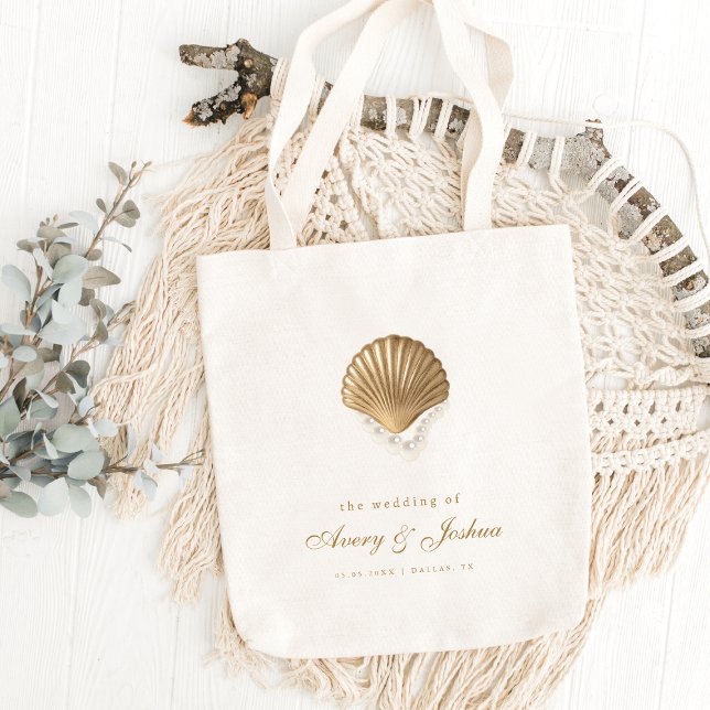 Gold Seashell Custom Coastal Wedding Favor Tygkasse (Skapare uppladdad)