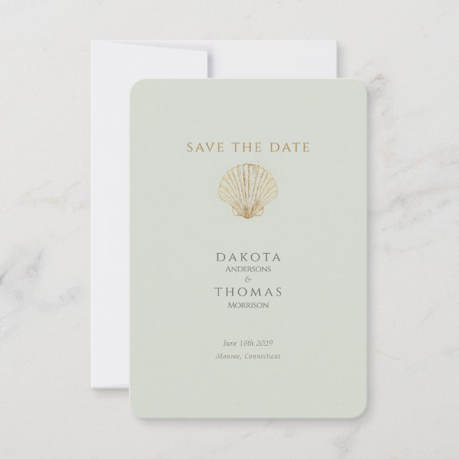 Gold Seashell Mute Sage Wedding Save the Date (Framsida)