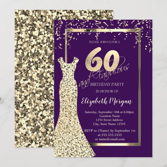 Gold Sequins Dress Purple 60th Birthday  Inbjudningar (Fram/baksida)