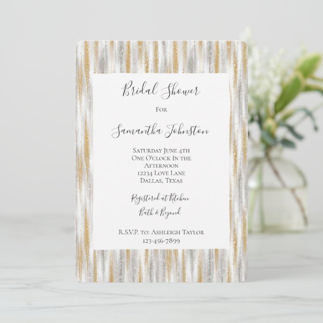 Gold Silver Chic Glam Glitzy Stripes Bridal Shower Inbjudningar (Stående Fram)