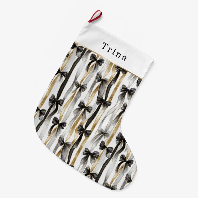 Gold Silver Christmas Black Ribbons & Bows Stor Julstrumpa (Framsidan (Hängande))