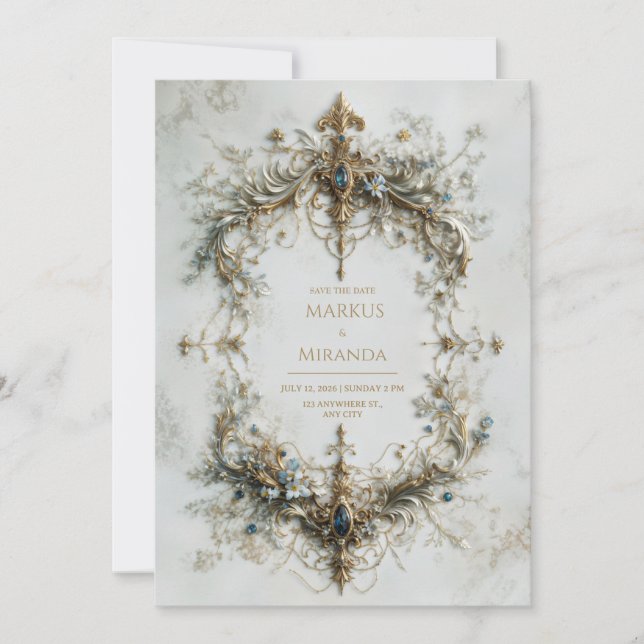 Gold Silver Frame Blue Gemstone Baroque Wedding Inbjudningar (Framsida)