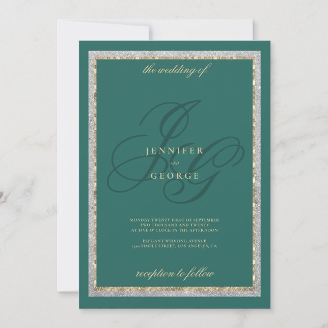 Gold silver jade green monogram initals wedding inbjudningar (Framsida)