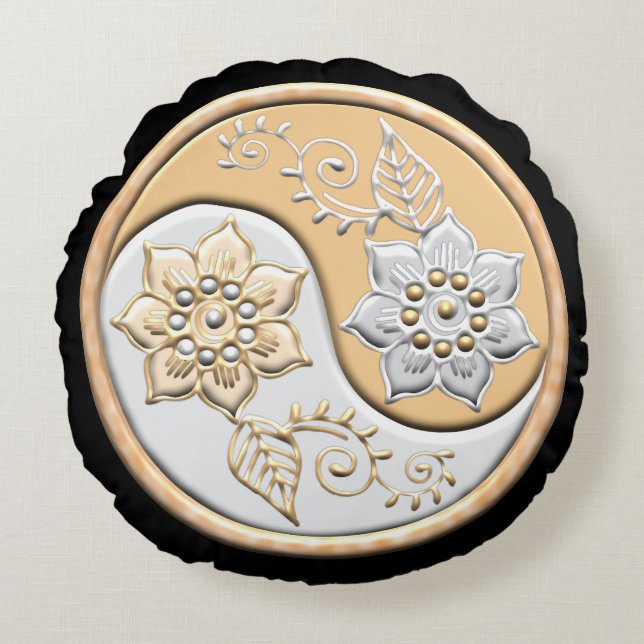 Gold & Silver Yin Yang  Rund Kudde (Framsidan)