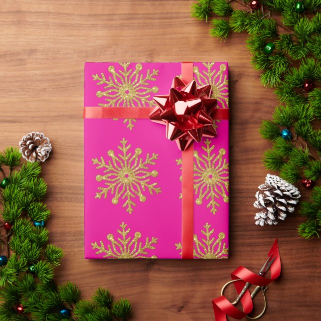 Gold Snowflake Hot Pink Wrapping Paper Presentpapper (Julgåva)