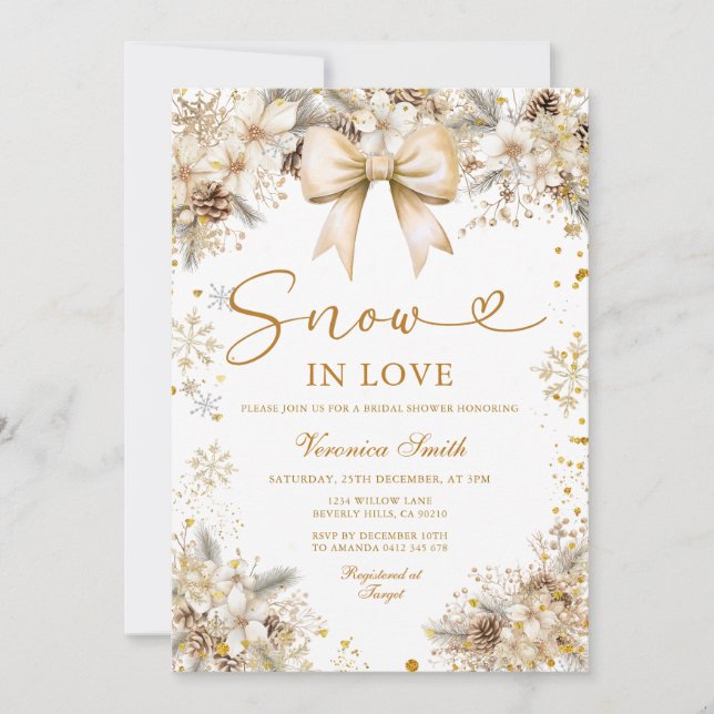 Gold Snowflake Snow in Love Winter Bridal Shower Inbjudningar (Framsida)
