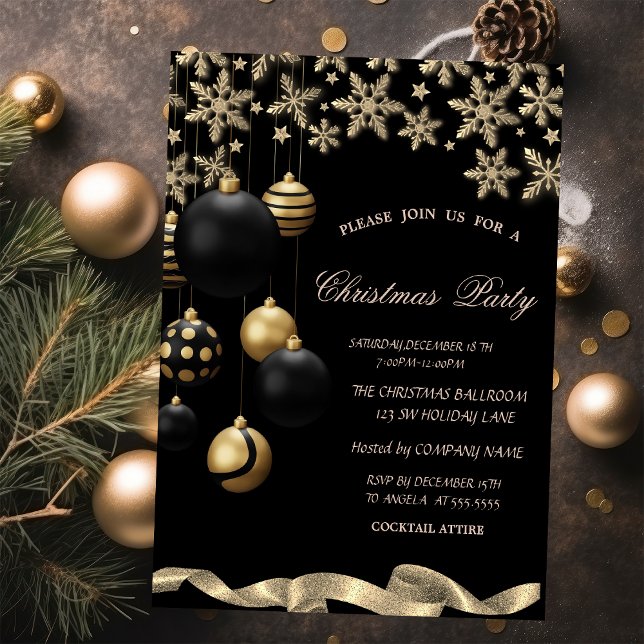Gold Snowflakes Black Balls Corporate Christmas Inbjudningar (Skapare uppladdad)